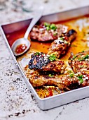 Grilled chicken drumsticks and thighs, spicy soya sauce, chili pepper paste and sesame marinade