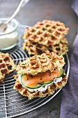 Potato waffles with dill cream,salmon and cucumber