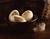 Goose eggs in ceramic bowl