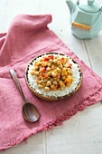 Basmati rice with sweet potatoes, chickpeas and pepper, coconut sauce