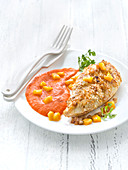 Chicken Fillet In Sesame Crust With Creamed Red Peppers And Diced Yellow Peppers