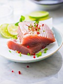Raw red tuna steaks