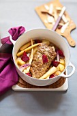 Veal filet mignon with mustard, potatoes, parsnip and beetroot casserole
