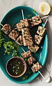 Lemon marinated tuna brochettes with parsley, coriander, garlic, ginger and spices