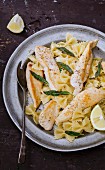 Chicken fillets with lemon and sage, farfalle with sage butter