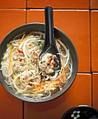 Bo-Bun (Vietnamesische Reisnudelsuppe) mit Geflügelbällchen und Koriander in Brühe