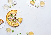Piece of chicken, yellow bell pepper, avocado, lime and cilantro pie