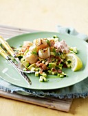 Scallops with bacon, avocado and dill