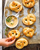 Bretzels with mustard-maple syrup dip sauce
