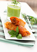 Sardine and Breton paté crisp rolls, green gazpacho