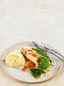 Coley fillet with crushed tomatoes and basil, mashed potatoes