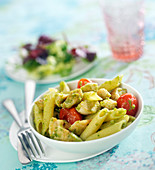 Penne with chicken, pesto and roasted cherry tomatoes