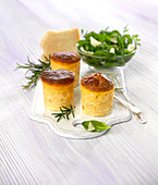 Small Parmesan,Rosemary And Sun-Dried Tomato Flans,Baby Spinach Salad With Parmesan Flakes