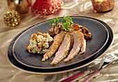 Goose with mushroom stuffing,chanterelle risotto
