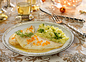 Turbot Fillet With Sabayon And Salmon Roe Sauce,Mashed Potatoes And Broccoli