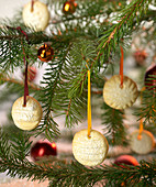 Vanilla biscuits hanging on a Christmas tree