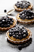Sprinkling ice sugar onto the confectioner's custard and blackcurrant tartlets