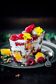 Breakfast parfaits with granola, yogurt and fruits