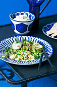 Semolina,pea,green asparagus,cucumber and button mushroom salad