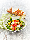 Salat mit Daikon-Rettich, Radieschen, Paprika, Rucola und Hanfsamen