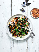 Tagliatelles with mussels,hazelnuts and fried garlic