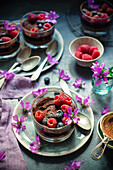 Chocolate mousse with blackcurrant jam, blueberries and raspberries