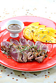 Duck Magret With Green Pepper And Roasted Mangoes With Rosemary