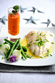 Turbot Fillet With White Butter And Chive Sauce,Green Beans,Onions And Creamed Carrots