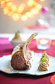 Rack of young wild boar and chestnut puree with herbs