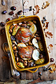 Duck confit with sweet chestnuts, pears and Hasselback potatoes