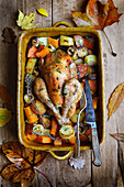 Roast chicken, mixed butternut, chestnuts, potatoes and herb onions