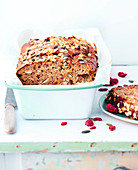 Banana bread with muesli and raspberries