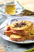 Brioche french toast with orange blossom and chocolate flakes