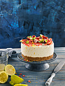 Cheesecake topped with fresh strawberries,figs and pomegranate seeds