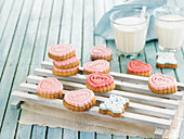 Rich tea biscuits decorated with icing sugar