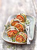 Zucchini ballottines with grilled eggplant, chorizo and fig compote