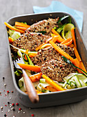 Chicken Escalopes In Spicy Breading With Baked Vegetables
