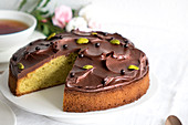Soft Pistachio Cake With Chocolate Topping