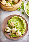 Steamed Chicken Dumplings,Mashed Peas With Mint
