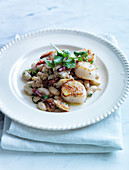 White beans with clams, chorizo and pan fried scallops