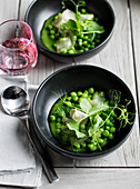 Peas with mint and Colonnata bacon roasted pod juice