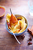 Pancake Corolla with Caramel and Spice Poached Pear