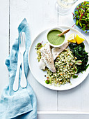 Poached plaice fillets with spinach, lemon couscous and herb sauce