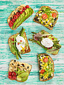 Various sweet and savory open-face sandwiches (vegetarian)
