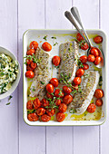 Pollock fillets with oven-roasted tomatoes and spinach mashed potatoes