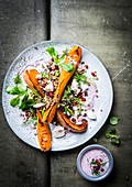 Lentil salad with baked butternut squash and pomegranate sauce (vegetarian)