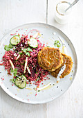 Poultry and pea pancakes with beetroot quinoa