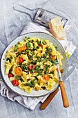 Pasta with kale cabbage and cherry tomatoes