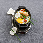 Shirred eggs with scallops and sesame