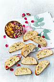 Feqqas with almonds, pistachios and rosebuds (pastries, Morocco)
